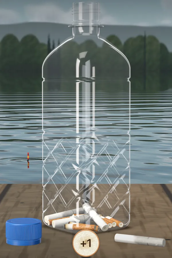 Captura de la app: la botella en la escena «Pesca»