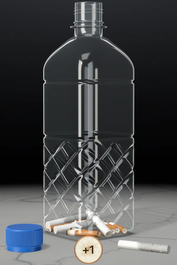 Captura de la app: la botella en la escena «Mármol»