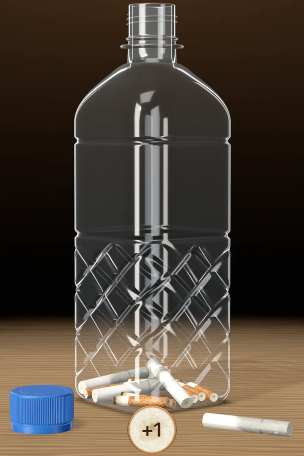 Captura de la app: la botella en la escena «Roble claro»