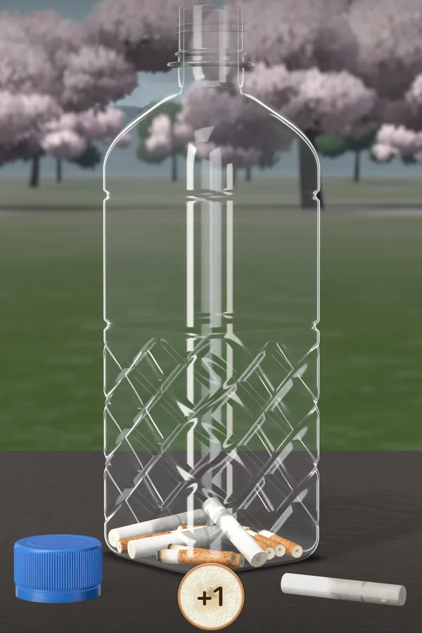 Captura de la app: la botella en la escena «Cerezos en flor»