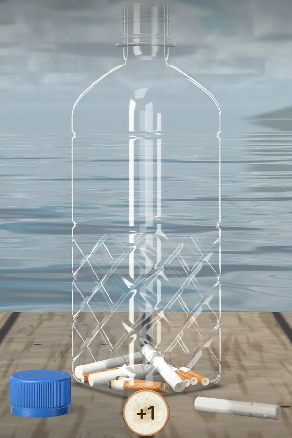 Captura de la app: la botella en la escena «Costa»